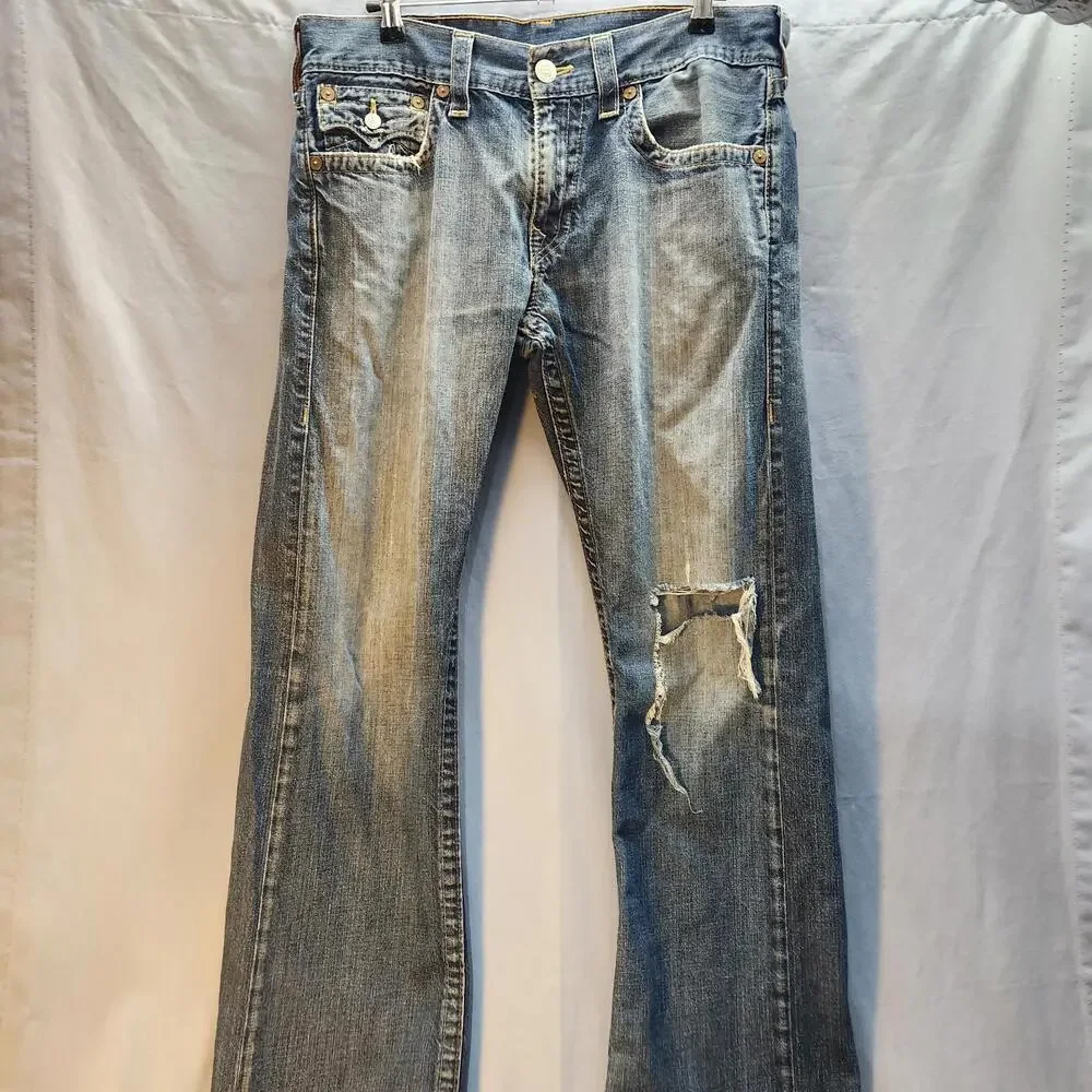 Vintage Y2K True Religion Mens Straight Leg Jeans Sz 34 Distressed‎ Blue Denim